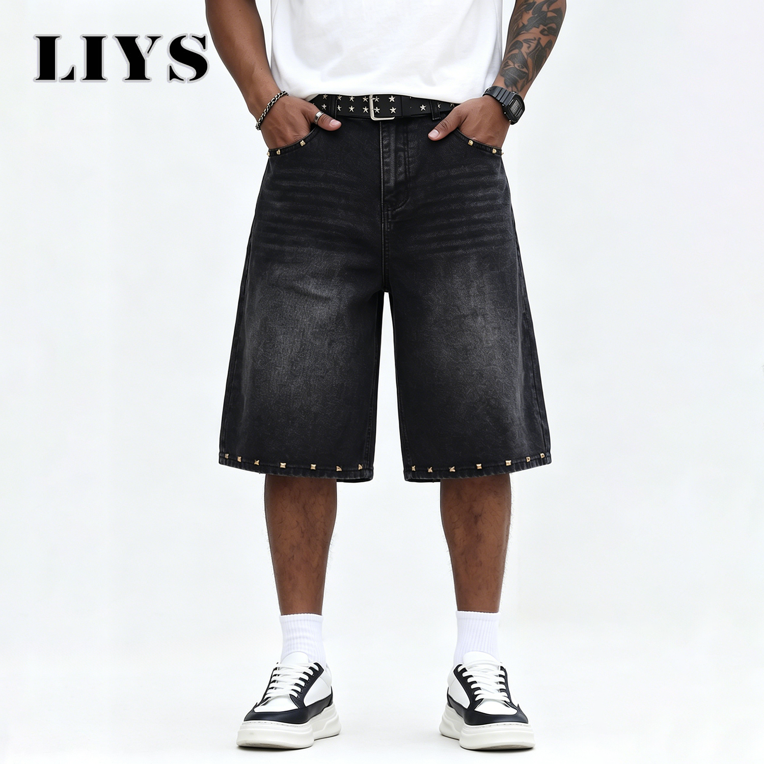Streetwear Brand Jeans - LIYS Men's Vintage Black Rivet Wide-Leg